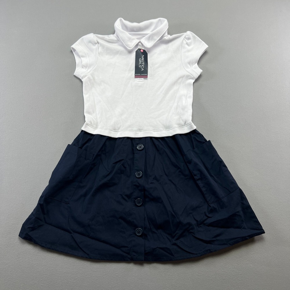 Nautica Uniform 2 Tone Interlock Dress Girl Large 6 White Navy Cotton Cap Sleeve